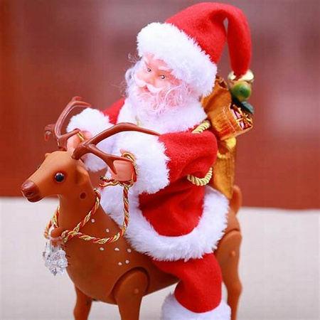 MIKOŁAJ NA RENIFERZE chodzącym do przodu OZDOBA ZABAWKA